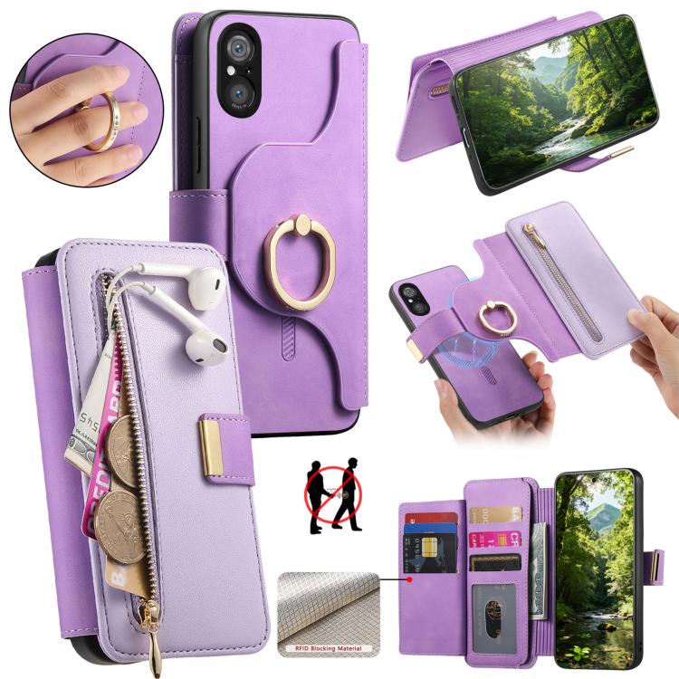 Ring Zipper Wallet RFID Blocking MagSafe Leather Phone Case, For Sony Xperia 1 VIII, For Sony Xperia 10 VI, For Sony Xperia 5 V, For Sony Xperia 10 V