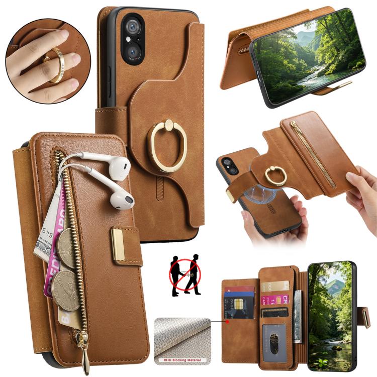 Ring Zipper Wallet RFID Blocking MagSafe Leather Phone Case, For Sony Xperia 1 VIII, For Sony Xperia 10 VI, For Sony Xperia 5 V, For Sony Xperia 10 V