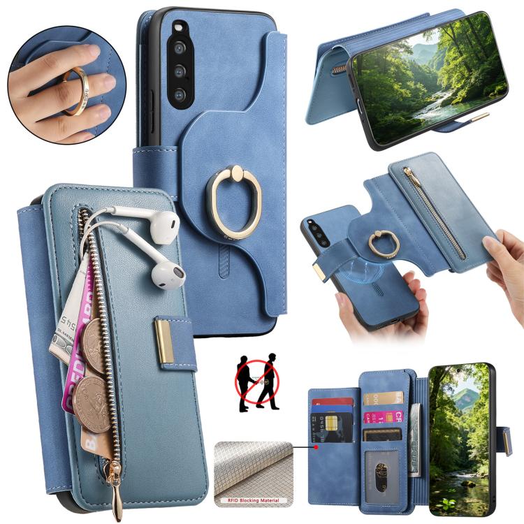 Ring Zipper Wallet RFID Blocking MagSafe Leather Phone Case, For Sony Xperia 1 VIII, For Sony Xperia 10 VI, For Sony Xperia 5 V, For Sony Xperia 10 V