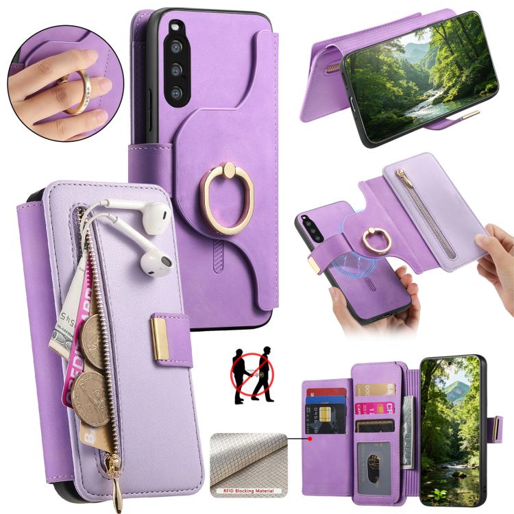 Ring Zipper Wallet RFID Blocking MagSafe Leather Phone Case, For Sony Xperia 1 VIII, For Sony Xperia 10 VI, For Sony Xperia 5 V, For Sony Xperia 10 V
