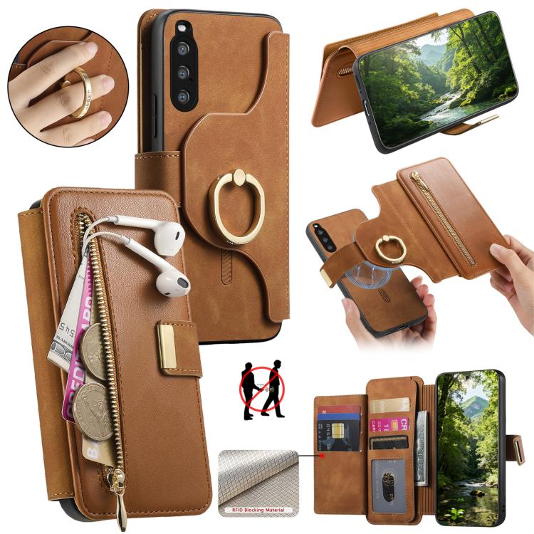 Ring Zipper Wallet RFID Blocking MagSafe Leather Phone Case, For Sony Xperia 1 VIII, For Sony Xperia 10 VI, For Sony Xperia 5 V, For Sony Xperia 10 V