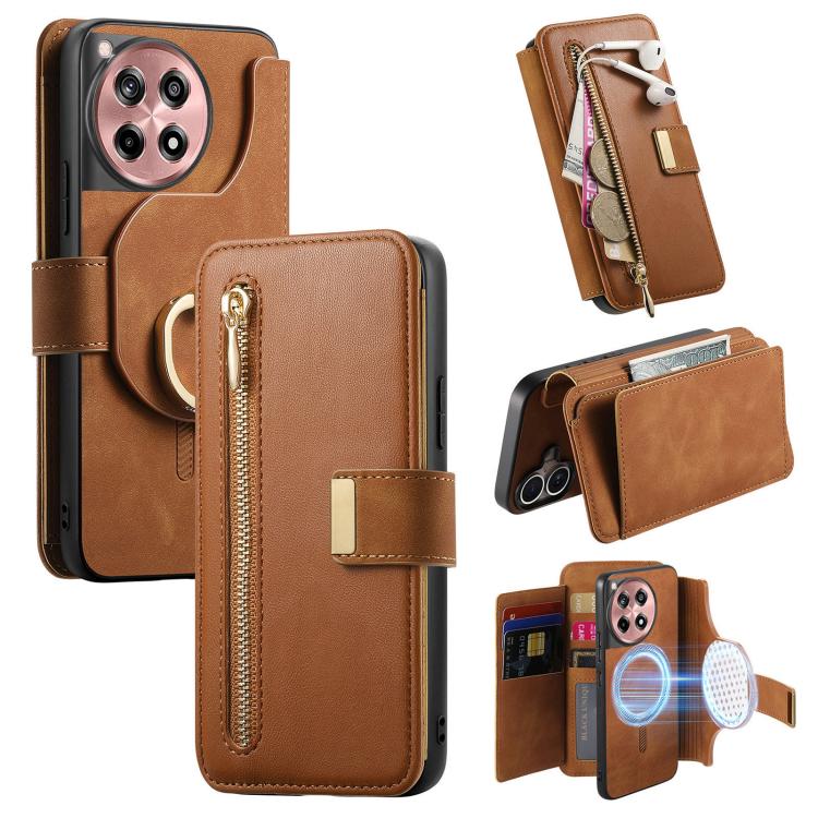 Ring Zipper Wallet RFID Blocking MagSafe Leather Phone Case, For OnePlus 15T, For OnePlus Ace 5 / 5 Pro, For OnePlus 13, For OnePlus 12R  5G / Ace 3