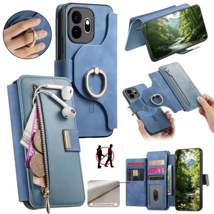 Ring Zipper Wallet RFID Blocking MagSafe Leather Phone Case, For OnePlus 15T, For OnePlus Ace 5 / 5 Pro, For OnePlus 13, For OnePlus 12R  5G / Ace 3