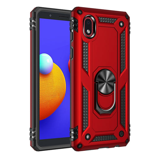 Red shockproof phone case with metal ring kickstand and raised camera cover