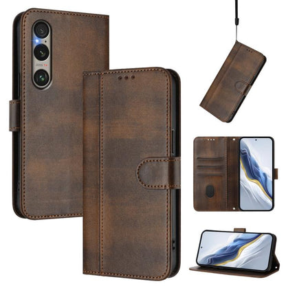 Line Splicing Buckle Retro Leather Phone Case, For Sony Xperia 1 VIII, For Sony Xperia 10 VII, For Sony Xperia 10 VI 2024, For Sony Xperia 1 VI 2024, For Sony Xperia 5 VI, For Sony Xperia 5 V, For Sony Xperia 1 V 2023, For Sony Xperia 10 V 2023        ...