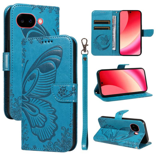 Blue embossed leather phone wallet case with butterfly design and folio cover