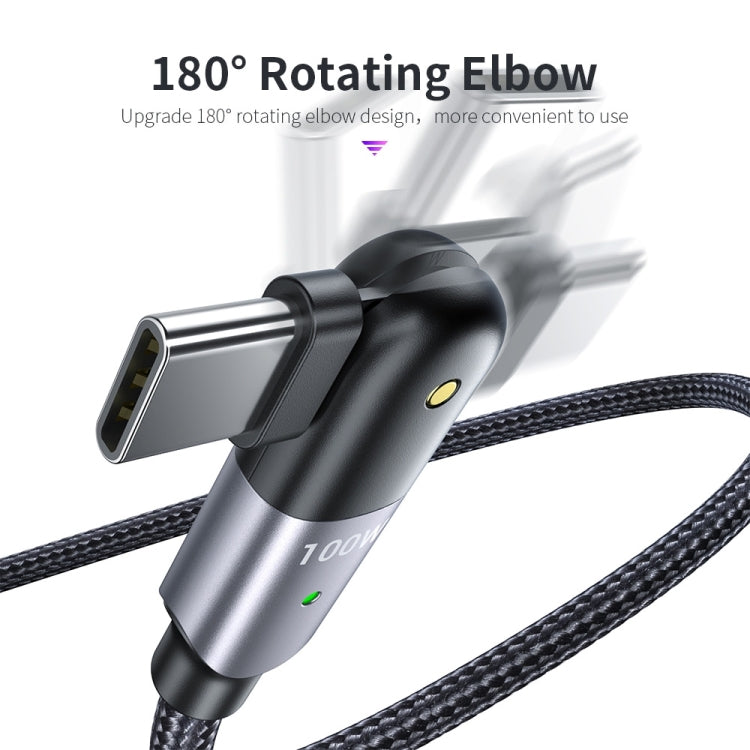 USB-C to USB-C charging cable with rotating elbow, black and silver connectors, braided sheath