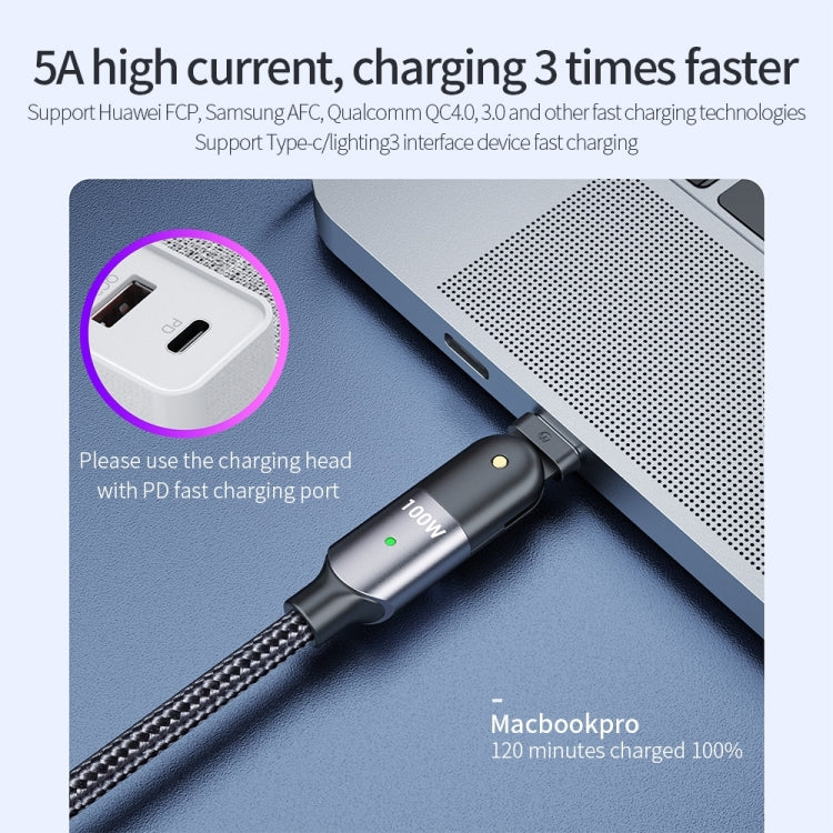 USB-C to USB-C charging cable with rotating elbow and green 100W indicator, braided sheath