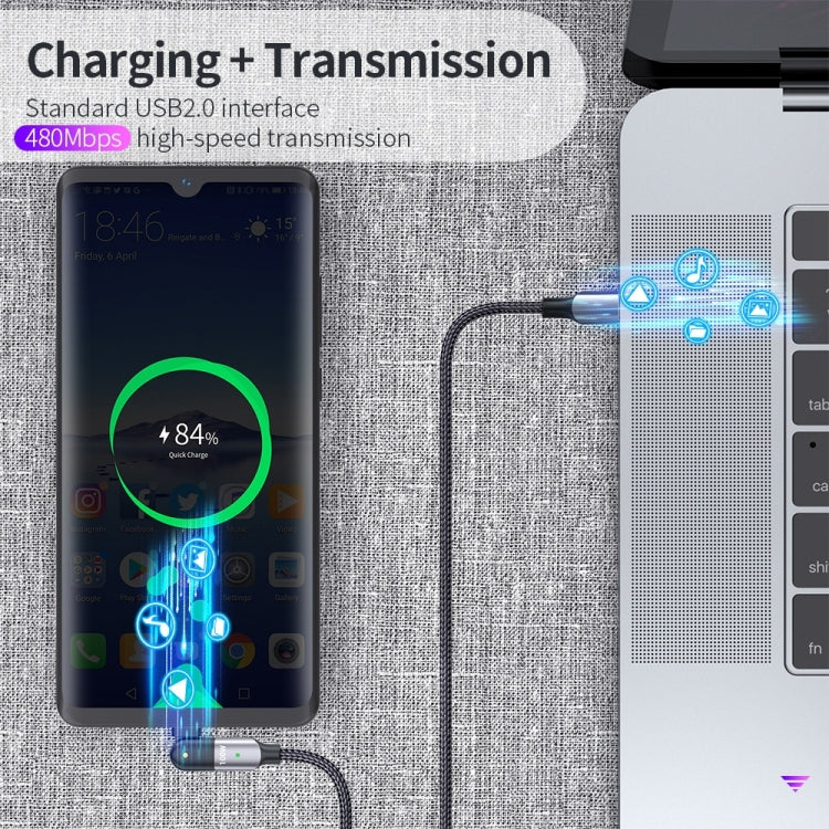 USB-C to USB-C charging cable with rotating elbow and braided sheath, green status indicator