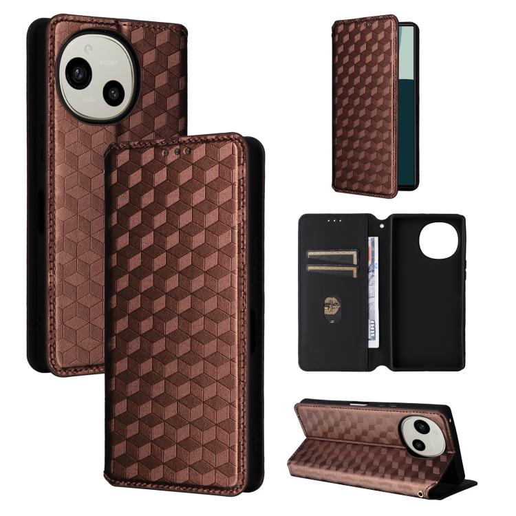 Cubic Grid Texture Flip Leather Phone Case, For Sharp Aquos wish6, For Sharp Aquos R11, For Sharp Aquos Sense10 / Sense9, For Sharp Aquos R10 / R9, For Sharp Aquos wish5, For Sharp Basio Active3, For Sharp Aquos R8 Pro / Leica Leitz Phone 3