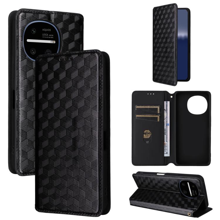 Cubic Grid Texture Flip Leather Phone Case, For Sharp Aquos wish6, For Sharp Aquos R11, For Sharp Aquos Sense10 / Sense9, For Sharp Aquos R10 / R9, For Sharp Aquos wish5, For Sharp Basio Active3, For Sharp Aquos R8 Pro / Leica Leitz Phone 3