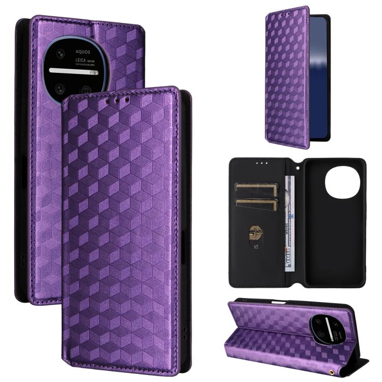 Cubic Grid Texture Flip Leather Phone Case, For Sharp Aquos wish6, For Sharp Aquos R11, For Sharp Aquos Sense10 / Sense9, For Sharp Aquos R10 / R9, For Sharp Aquos wish5, For Sharp Basio Active3, For Sharp Aquos R8 Pro / Leica Leitz Phone 3