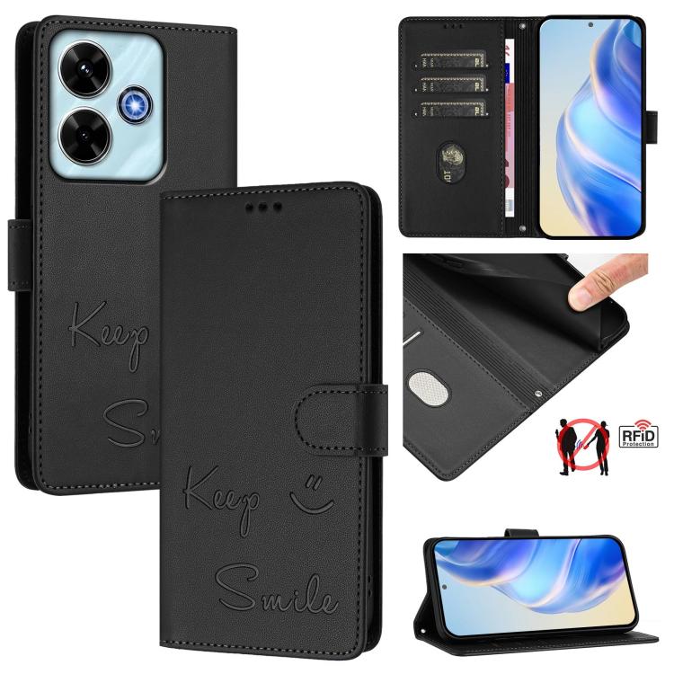 Smile Embossing RFID Leather Phone Case, For Xiaomi Poco M6 Plus / Redmi 13x 4G, For Xiaomi Poco C71 / Redmi A5 4G 171.7mm, For Xiaomi Poco F7 Pro / F7 Ultra