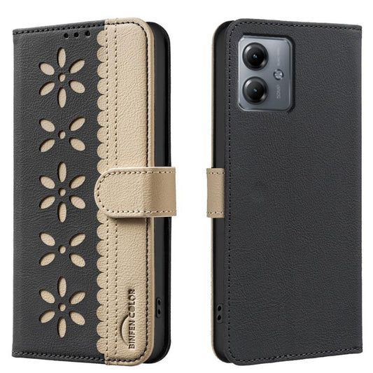 Black and beige leather folio phone case with embossed flower cutout pattern and strap