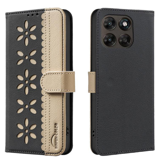 Leather phone wallet case with floral cutout pattern, black with beige trim and strap
