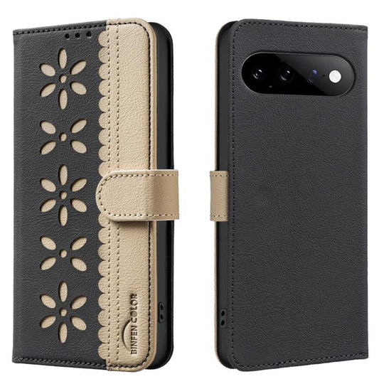RFID leather phone case, black with beige floral cutouts and flip strap, camera cutout on back