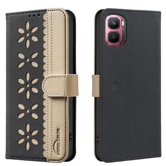 RFID leather phone case with beige floral cutout and flip cover, black exterior