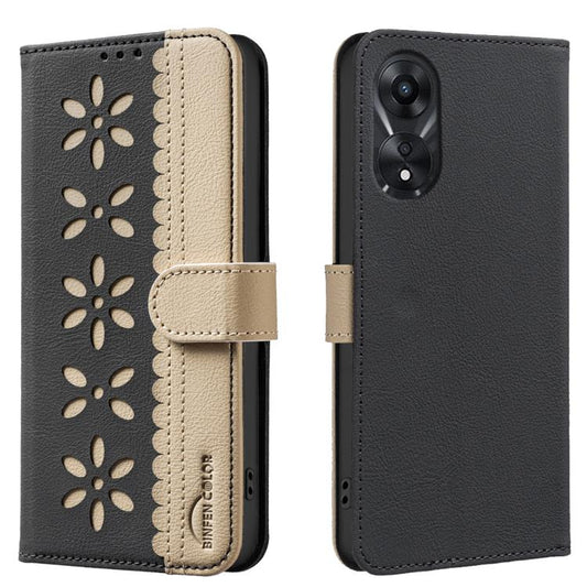 Black leather phone case with beige flip cover, flower cutout pattern, and side strap