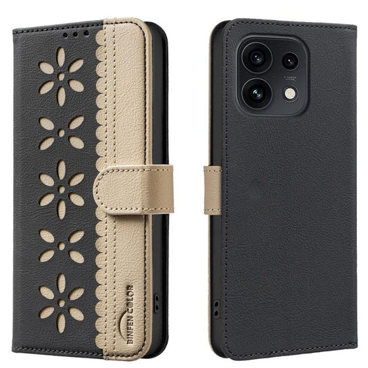 Black and beige leather phone wallet case with flower cutout design and flip cover