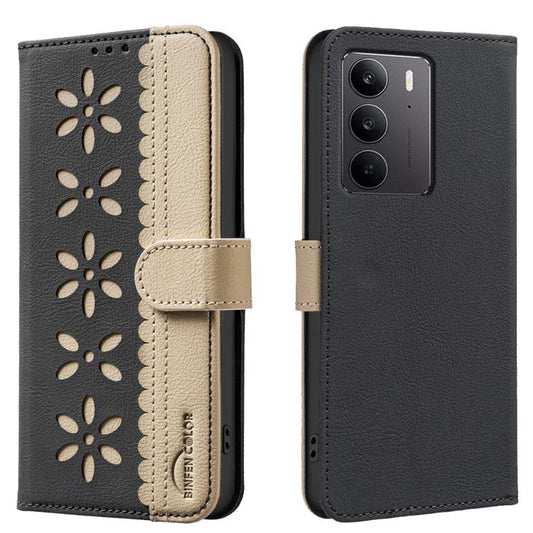 Black and beige RFID leather phone case with cutout flower pattern and side strap