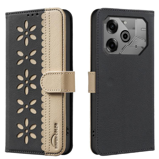 Two-tone leather wallet phone case with flower cutout pattern and magnetic strap