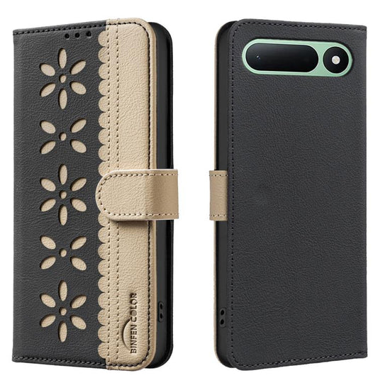 Bi-fold RFID leather phone case, dark gray with cream floral cutout and side strap