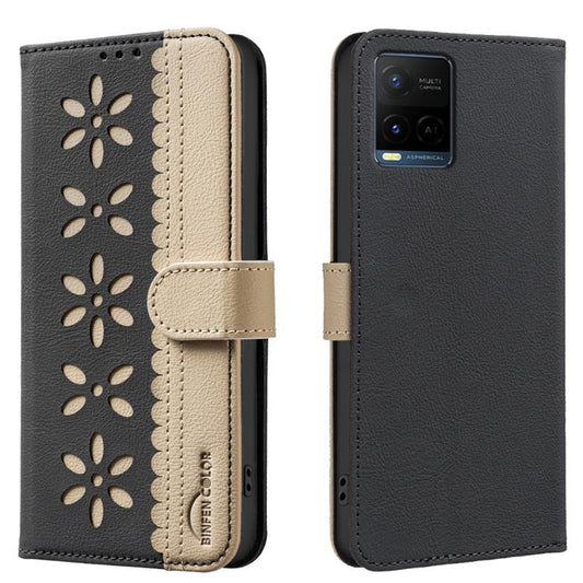 Black and beige folio leather phone case with cutout flower pattern and side strap