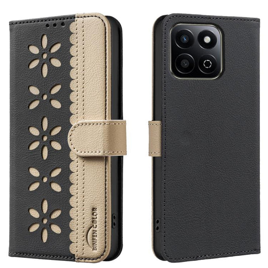 Black and beige leather wallet phone case with flower cutout pattern and magnetic strap