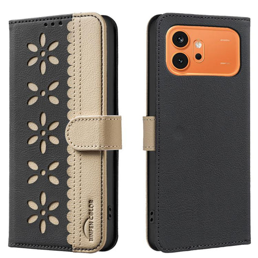 Black and beige leather folio phone case with floral cutout pattern and side strap