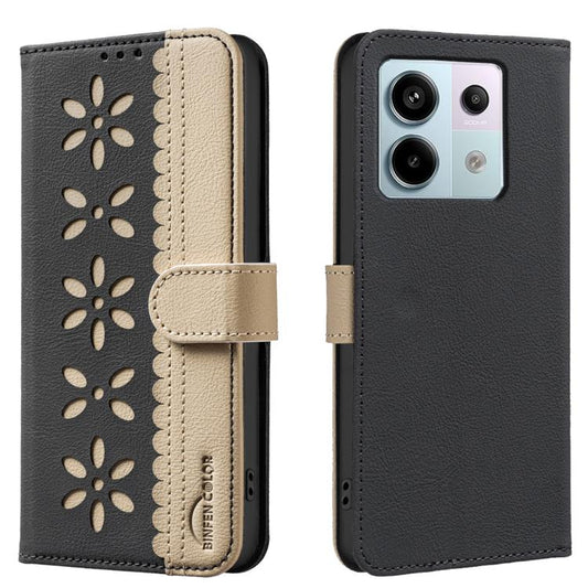 Flip leather phone case with flower cutout pattern, black and beige, with side strap