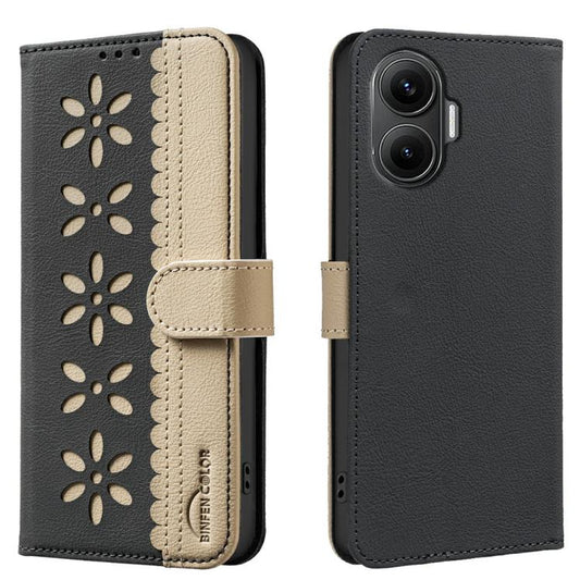 Black and beige leather phone wallet case with floral cutout pattern and side strap