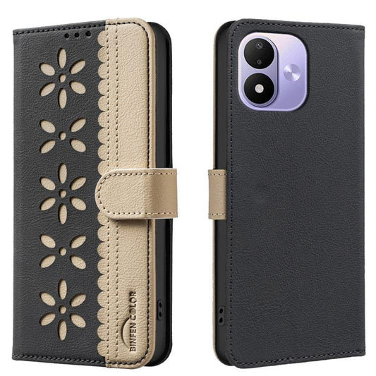 Two-tone black leather phone wallet case with beige floral cutout pattern and side strap