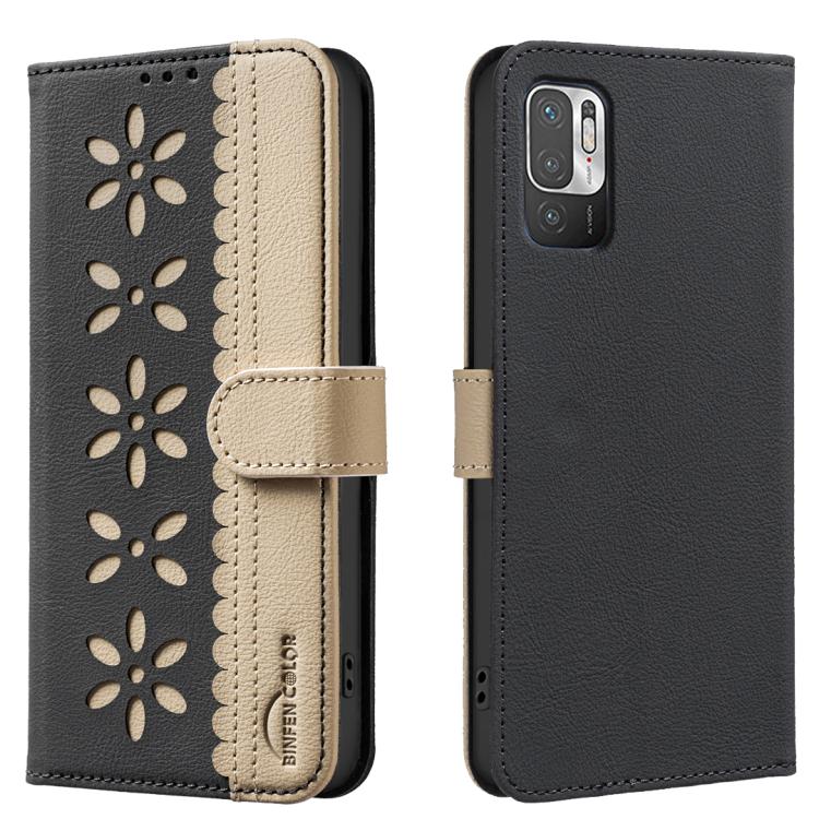 Splicing Color Hollow Flower Pattern RFID Leather Phone Case, For Xiaomi Poco X5, For Xiaomi Poco M3 Pro