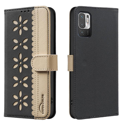 Splicing Color Hollow Flower Pattern RFID Leather Phone Case, For Xiaomi Poco X5, For Xiaomi Poco M3 Pro