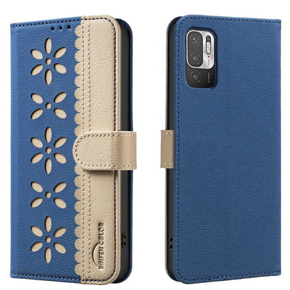 Splicing Color Hollow Flower Pattern RFID Leather Phone Case, For Xiaomi Poco X5, For Xiaomi Poco M3 Pro