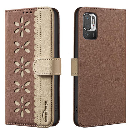 Splicing Color Hollow Flower Pattern RFID Leather Phone Case, For Xiaomi Poco X5, For Xiaomi Poco M3 Pro