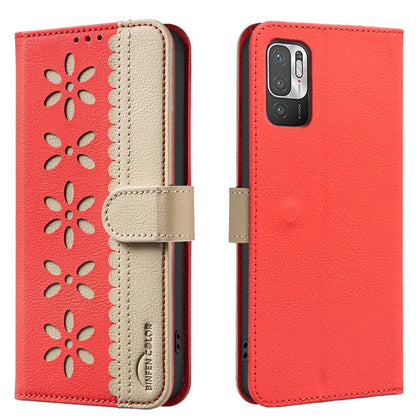Splicing Color Hollow Flower Pattern RFID Leather Phone Case, For Xiaomi Poco X5, For Xiaomi Poco M3 Pro