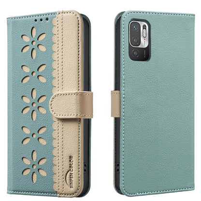 Splicing Color Hollow Flower Pattern RFID Leather Phone Case, For Xiaomi Poco X5, For Xiaomi Poco M3 Pro