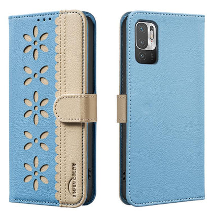 Splicing Color Hollow Flower Pattern RFID Leather Phone Case, For Xiaomi Poco X5, For Xiaomi Poco M3 Pro