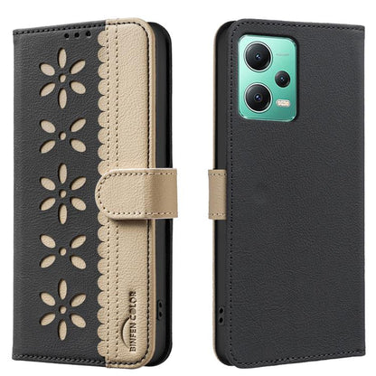 Splicing Color Hollow Flower Pattern RFID Leather Phone Case, For Xiaomi Poco X5, For Xiaomi Poco M3 Pro
