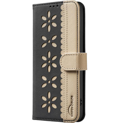 Splicing Color Hollow Flower Pattern RFID Leather Phone Case, For Xiaomi Poco X5, For Xiaomi Poco M3 Pro
