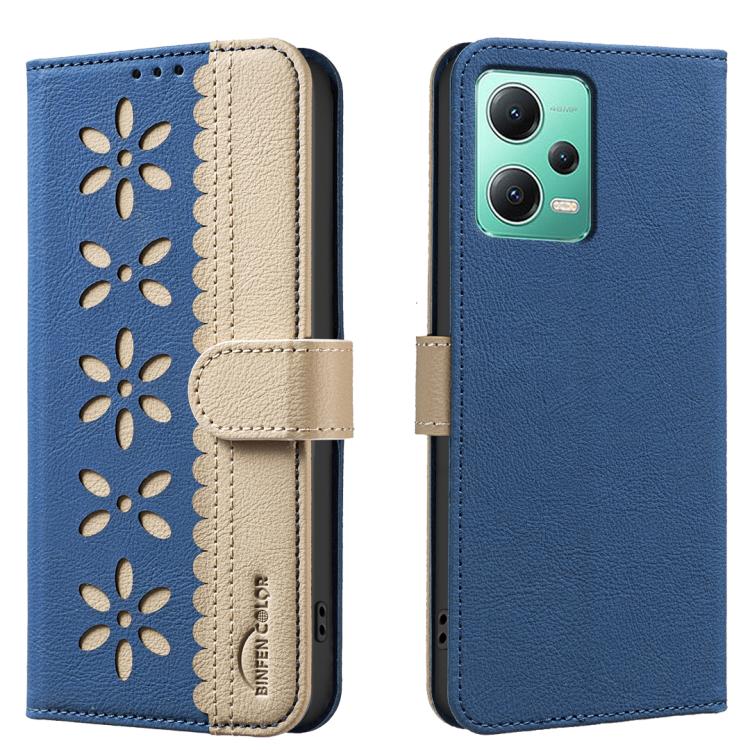 Splicing Color Hollow Flower Pattern RFID Leather Phone Case, For Xiaomi Poco X5, For Xiaomi Poco M3 Pro
