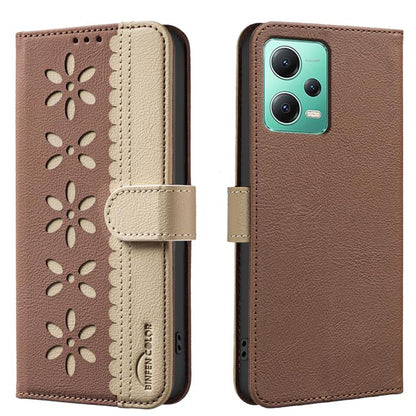 Splicing Color Hollow Flower Pattern RFID Leather Phone Case, For Xiaomi Poco X5, For Xiaomi Poco M3 Pro