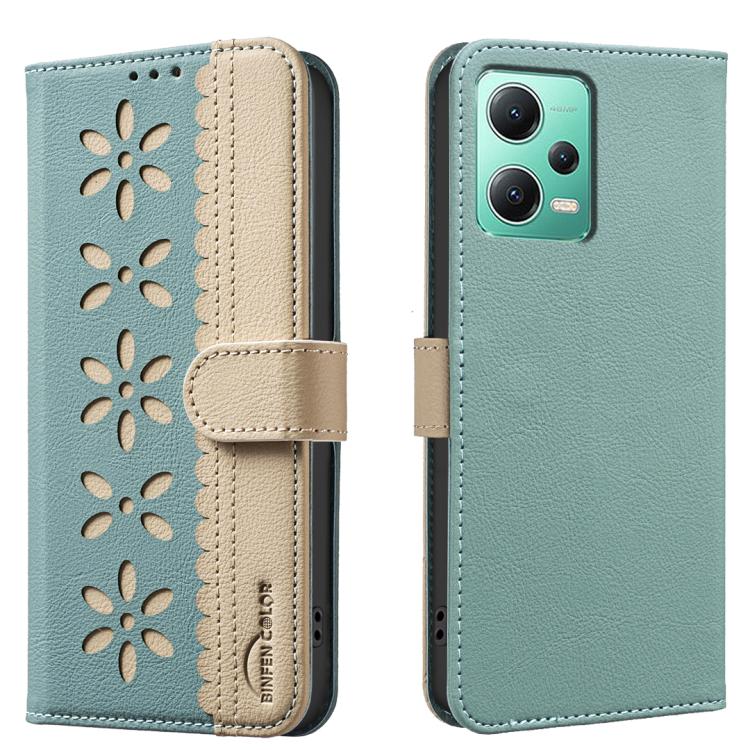Splicing Color Hollow Flower Pattern RFID Leather Phone Case, For Xiaomi Poco X5, For Xiaomi Poco M3 Pro