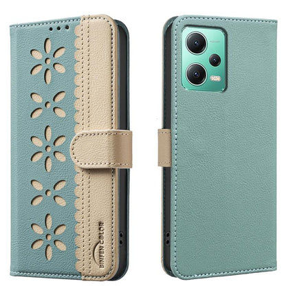 Splicing Color Hollow Flower Pattern RFID Leather Phone Case, For Xiaomi Poco X5, For Xiaomi Poco M3 Pro
