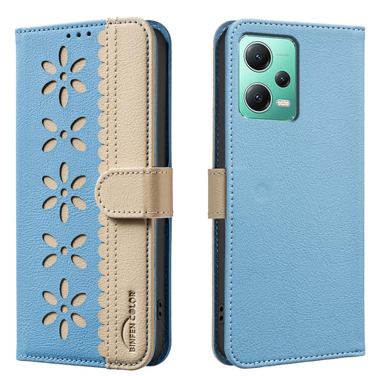 Splicing Color Hollow Flower Pattern RFID Leather Phone Case, For Xiaomi Poco X5, For Xiaomi Poco M3 Pro