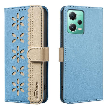 Splicing Color Hollow Flower Pattern RFID Leather Phone Case, For Xiaomi Poco X5, For Xiaomi Poco M3 Pro