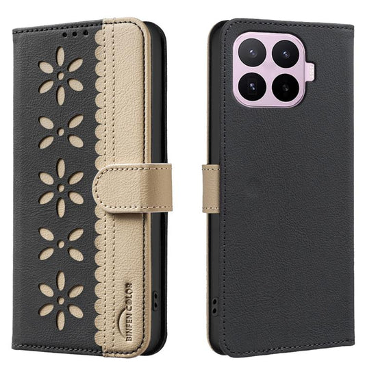 Two-tone leather-look flip phone case with flower cutout pattern and beige magnetic strap