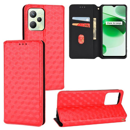 Cubic Grid Texture Flip Leather Phone Case, For Realme C35