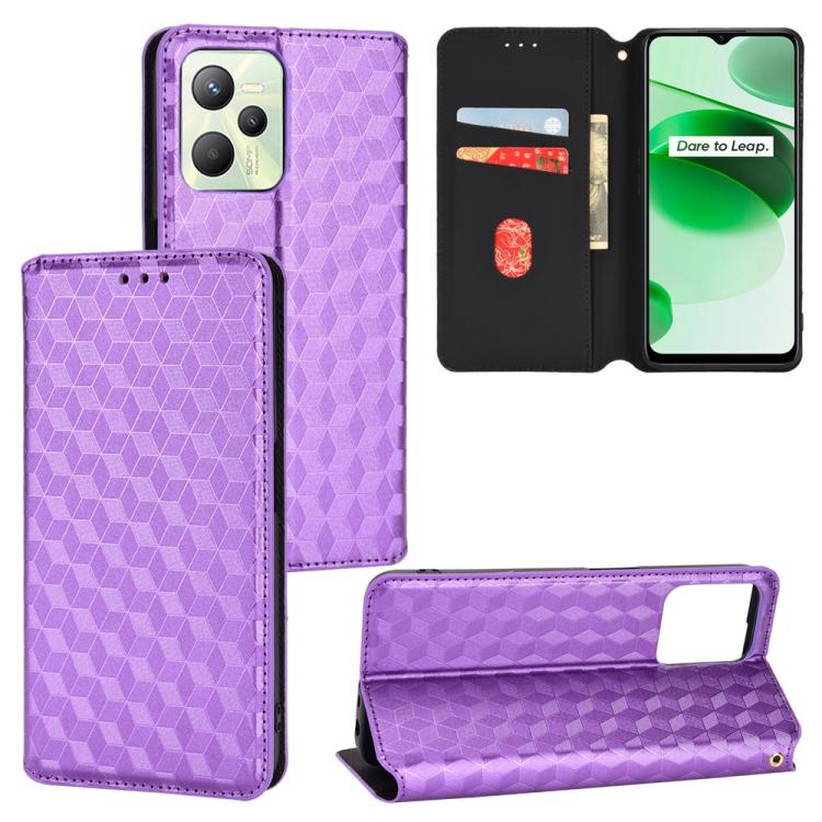 Cubic Grid Texture Flip Leather Phone Case, For Realme C35